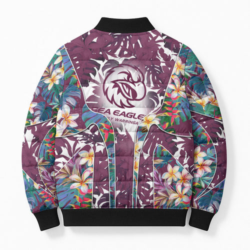 Manly Warringah Sea Eagles Bomber Puffer Jacket Tropical Hibiscus Floral Pattern With Maroon And White Accents