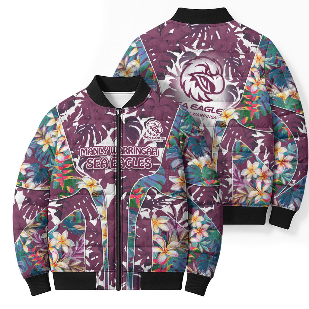 Manly Warringah Sea Eagles Bomber Puffer Jacket Tropical Hibiscus Floral Pattern With Maroon And White Accents