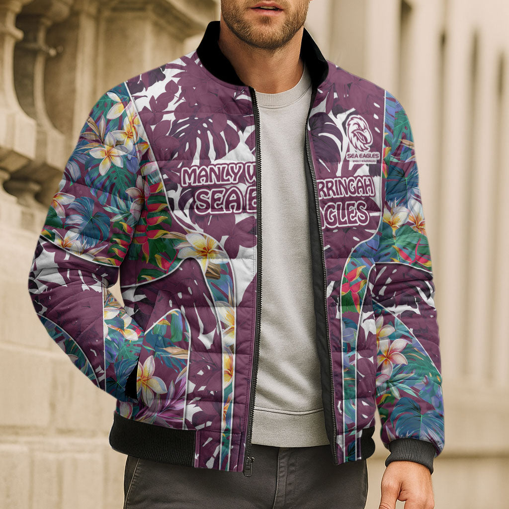 Manly Warringah Sea Eagles Bomber Puffer Jacket Tropical Hibiscus Floral Pattern With Maroon And White Accents