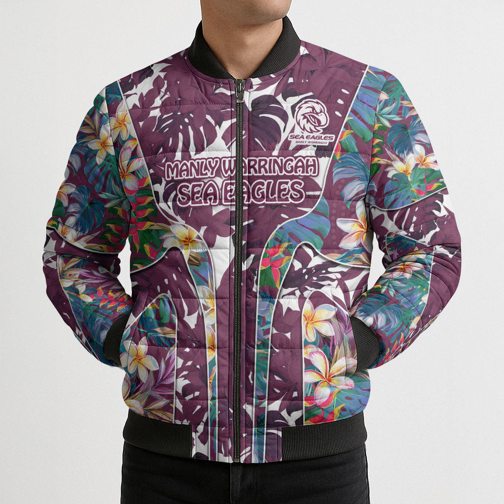 Manly Warringah Sea Eagles Bomber Puffer Jacket Tropical Hibiscus Floral Pattern With Maroon And White Accents