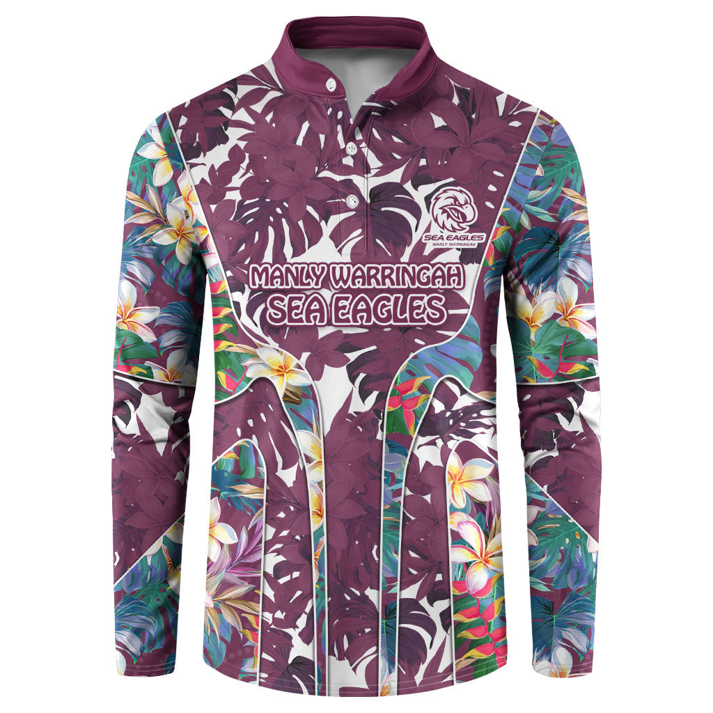 Manly Warringah Sea Eagles Button Sweatshirt Tropical Hibiscus Floral Pattern With Maroon And White Accents