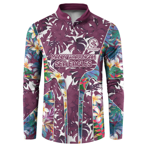 Manly Warringah Sea Eagles Button Sweatshirt Tropical Hibiscus Floral Pattern With Maroon And White Accents