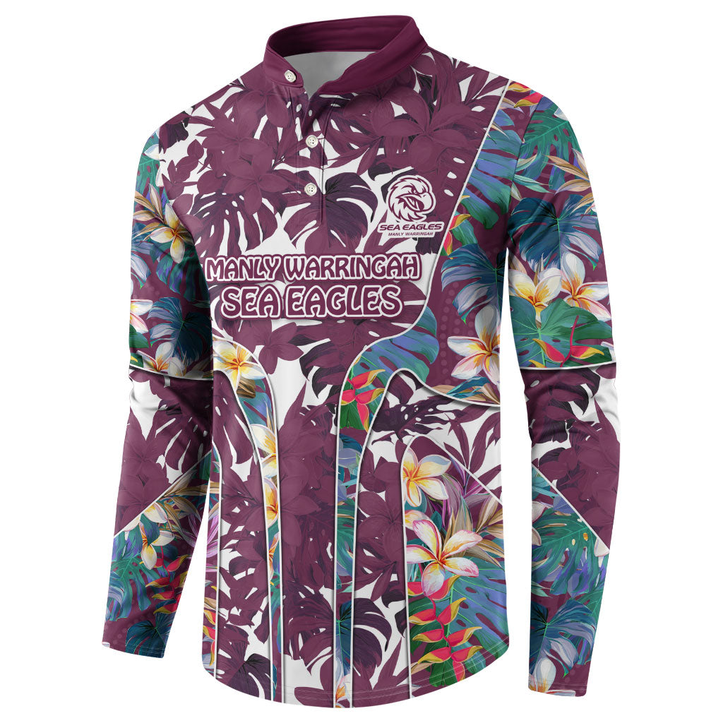 Manly Warringah Sea Eagles Button Sweatshirt Tropical Hibiscus Floral Pattern With Maroon And White Accents