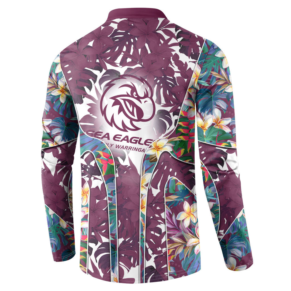 Manly Warringah Sea Eagles Button Sweatshirt Tropical Hibiscus Floral Pattern With Maroon And White Accents