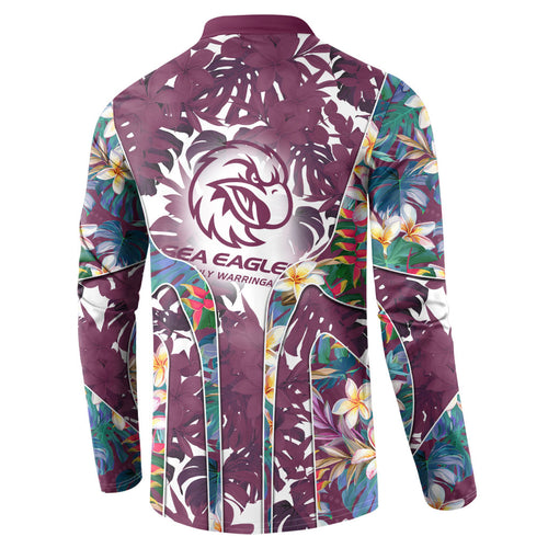 Manly Warringah Sea Eagles Button Sweatshirt Tropical Hibiscus Floral Pattern With Maroon And White Accents