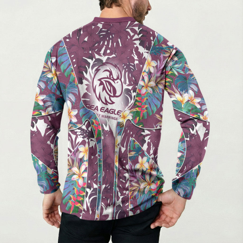 Manly Warringah Sea Eagles Button Sweatshirt Tropical Hibiscus Floral Pattern With Maroon And White Accents