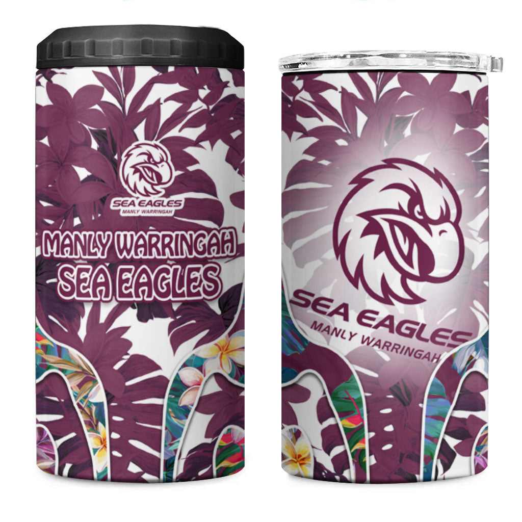 Manly Warringah Sea Eagles 4 in 1 Can Cooler Tumbler Tropical Hibiscus Floral Pattern With Maroon And White Accents