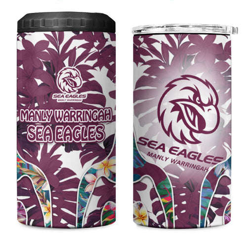 Manly Warringah Sea Eagles 4 in 1 Can Cooler Tumbler Tropical Hibiscus Floral Pattern With Maroon And White Accents