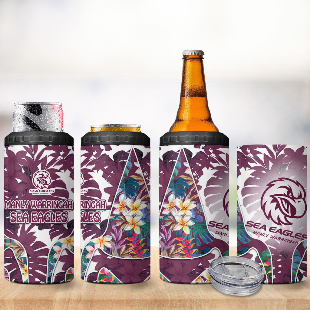 Manly Warringah Sea Eagles 4 in 1 Can Cooler Tumbler Tropical Hibiscus Floral Pattern With Maroon And White Accents