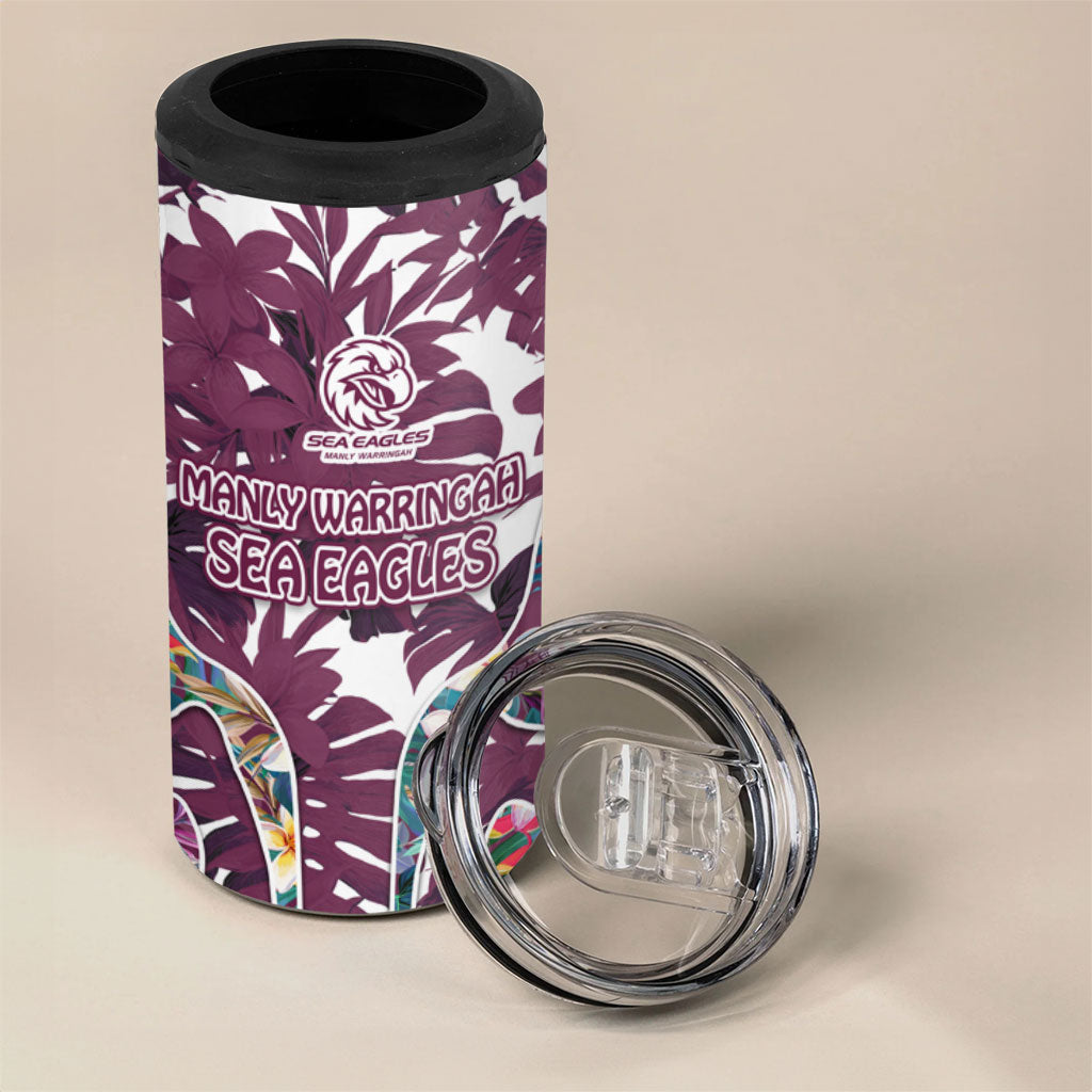 Manly Warringah Sea Eagles 4 in 1 Can Cooler Tumbler Tropical Hibiscus Floral Pattern With Maroon And White Accents