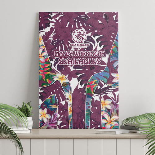 Manly Warringah Sea Eagles Canvas Wall Art Tropical Hibiscus Floral Pattern With Maroon And White Accents