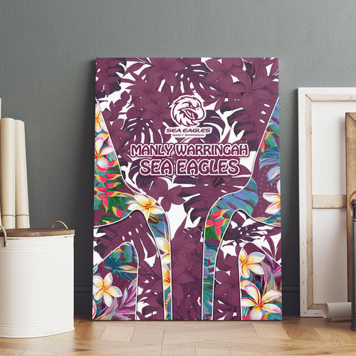 Manly Warringah Sea Eagles Canvas Wall Art Tropical Hibiscus Floral Pattern With Maroon And White Accents