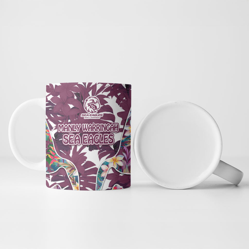 Manly Warringah Sea Eagles Ceramic Mug Tropical Hibiscus Floral Pattern With Maroon And White Accents