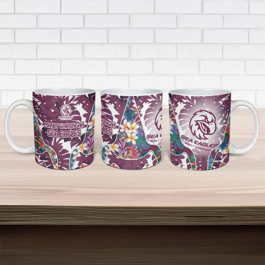 Manly Warringah Sea Eagles Ceramic Mug Tropical Hibiscus Floral Pattern With Maroon And White Accents