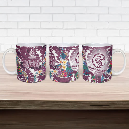 Manly Warringah Sea Eagles Ceramic Mug Tropical Hibiscus Floral Pattern With Maroon And White Accents