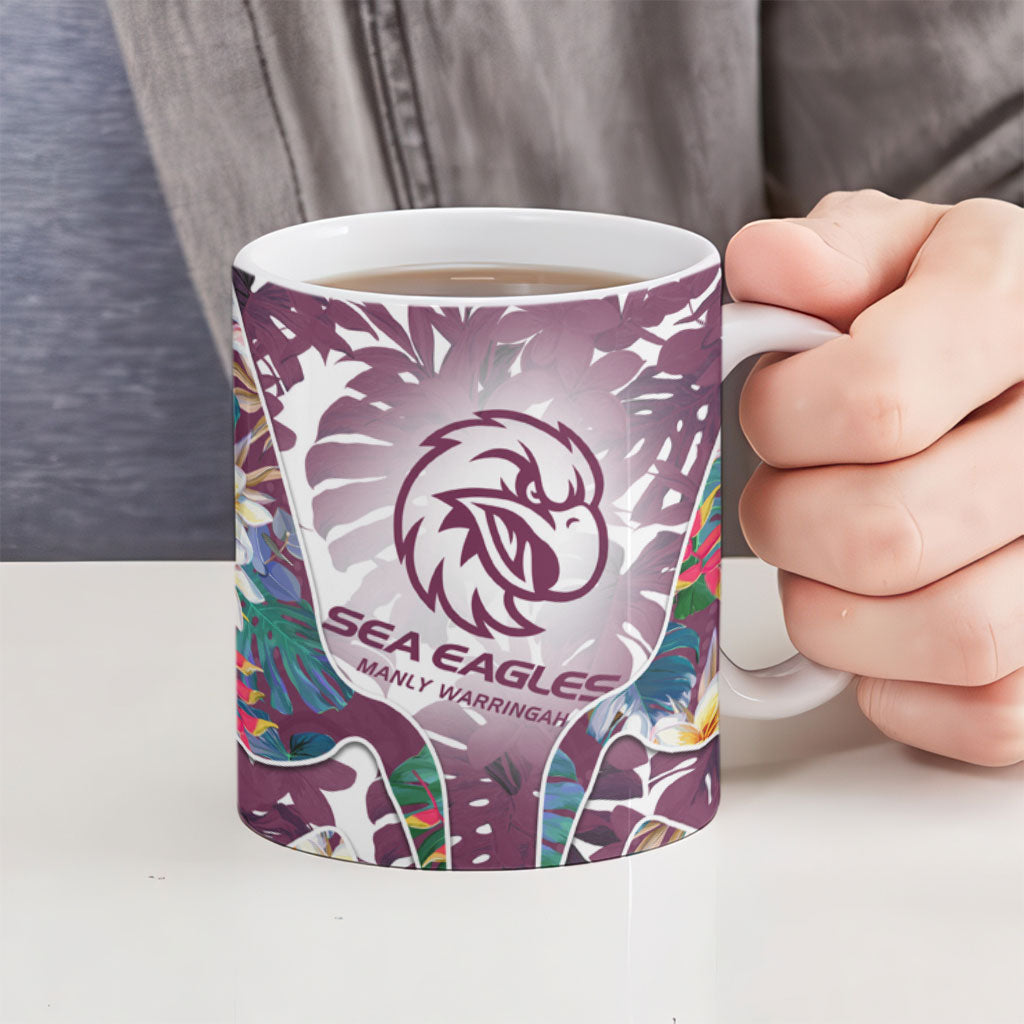 Manly Warringah Sea Eagles Ceramic Mug Tropical Hibiscus Floral Pattern With Maroon And White Accents