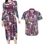 Manly Warringah Sea Eagles Couples Matching Long Sleeve Bodycon Dress and Hawaiian Shirt Tropical Hibiscus Floral Pattern With Maroon And White Accents