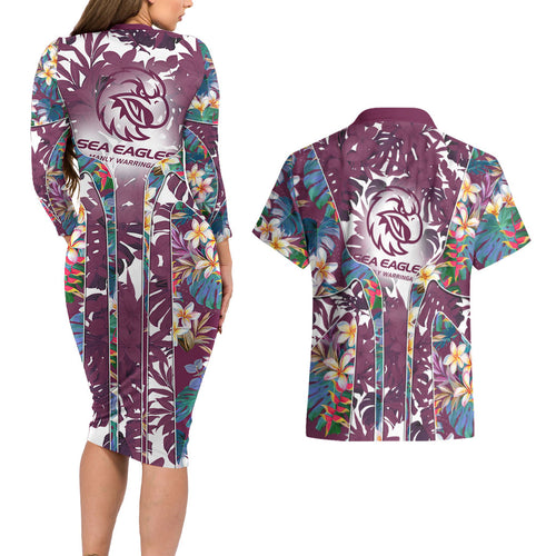 Manly Warringah Sea Eagles Couples Matching Long Sleeve Bodycon Dress and Hawaiian Shirt Tropical Hibiscus Floral Pattern With Maroon And White Accents