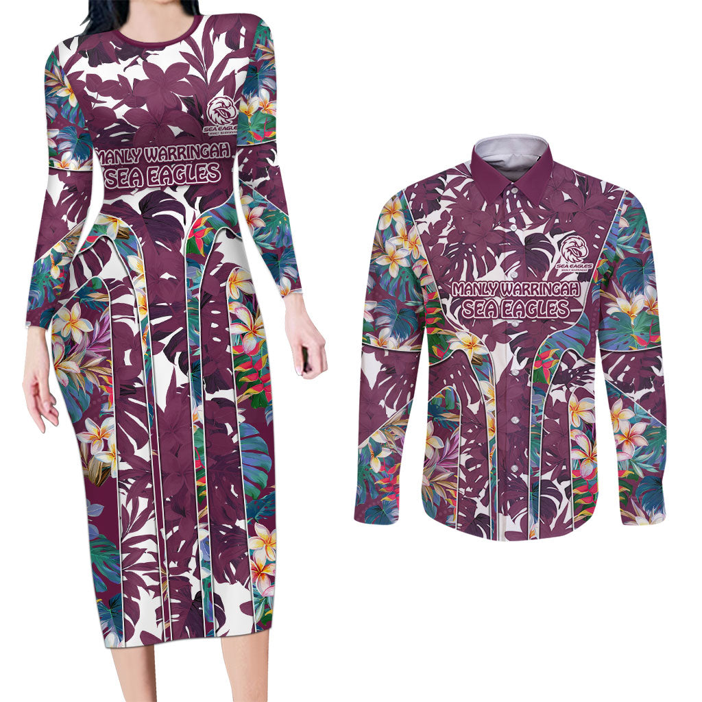 Manly Warringah Sea Eagles Couples Matching Long Sleeve Bodycon Dress and Long Sleeve Button Shirt Tropical Hibiscus Floral Pattern With Maroon And White Accents