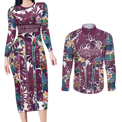 Manly Warringah Sea Eagles Couples Matching Long Sleeve Bodycon Dress and Long Sleeve Button Shirt Tropical Hibiscus Floral Pattern With Maroon And White Accents