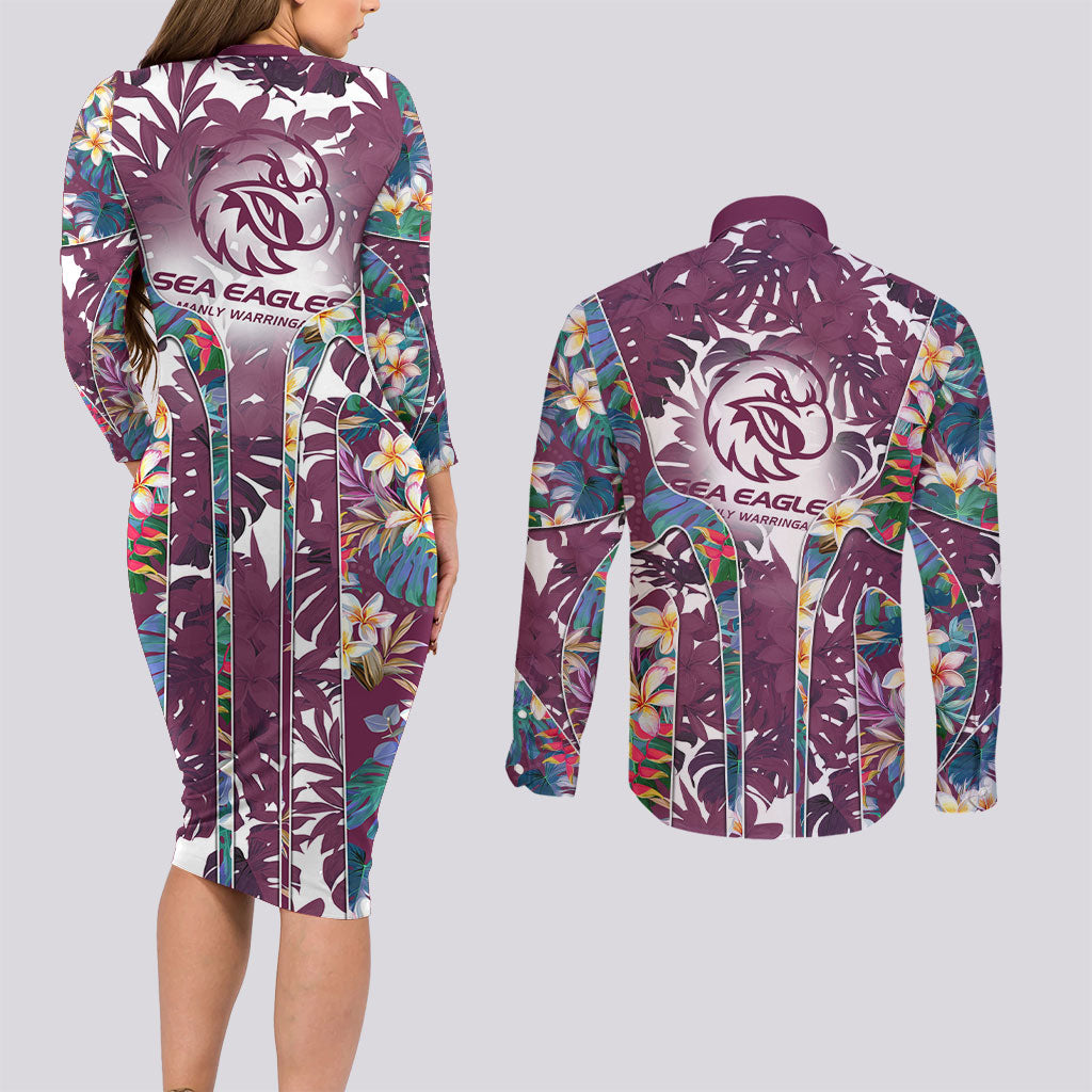 Manly Warringah Sea Eagles Couples Matching Long Sleeve Bodycon Dress and Long Sleeve Button Shirt Tropical Hibiscus Floral Pattern With Maroon And White Accents