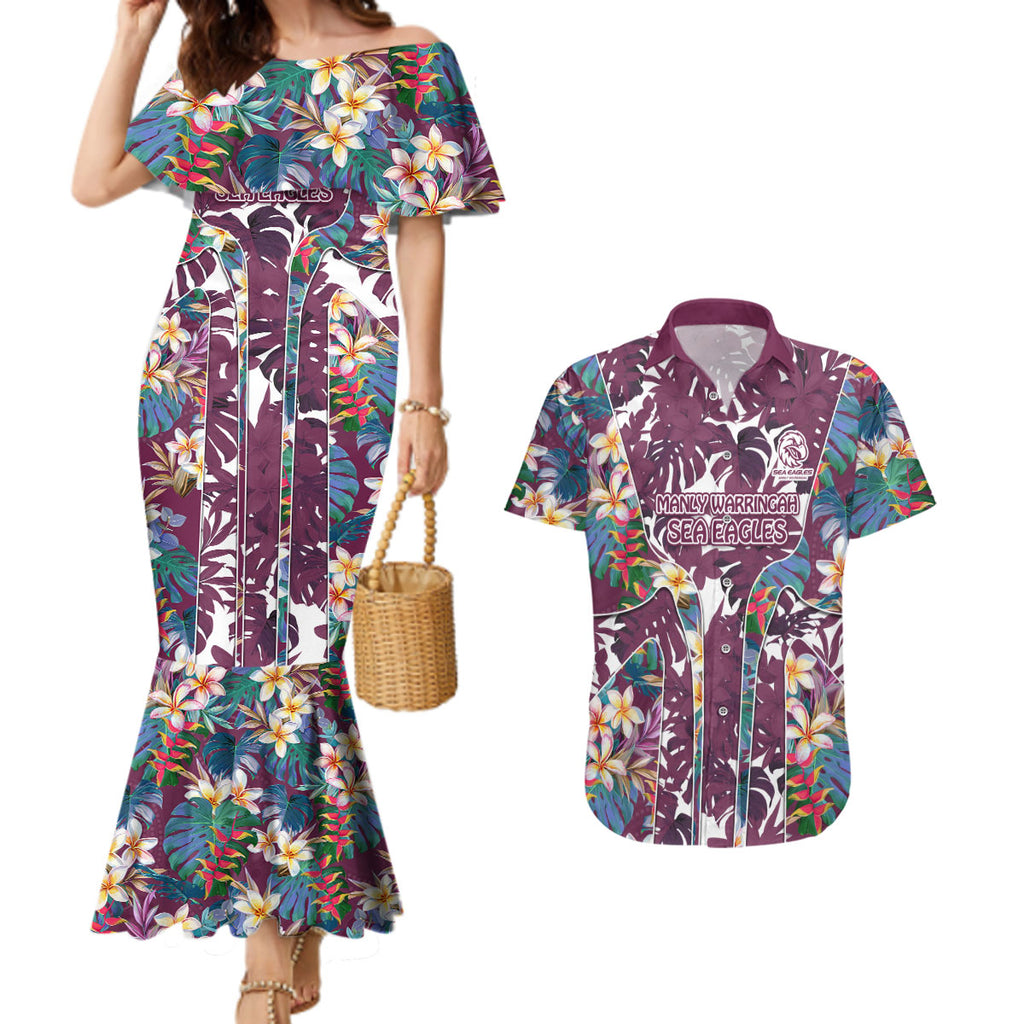 Manly Warringah Sea Eagles Couples Matching Mermaid Dress and Hawaiian Shirt Tropical Hibiscus Floral Pattern With Maroon And White Accents