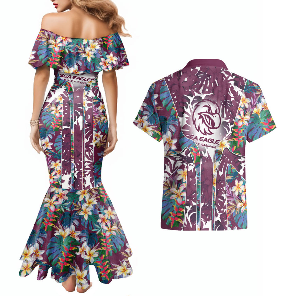 Manly Warringah Sea Eagles Couples Matching Mermaid Dress and Hawaiian Shirt Tropical Hibiscus Floral Pattern With Maroon And White Accents