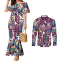 Manly Warringah Sea Eagles Couples Matching Mermaid Dress and Long Sleeve Button Shirt Tropical Hibiscus Floral Pattern With Maroon And White Accents