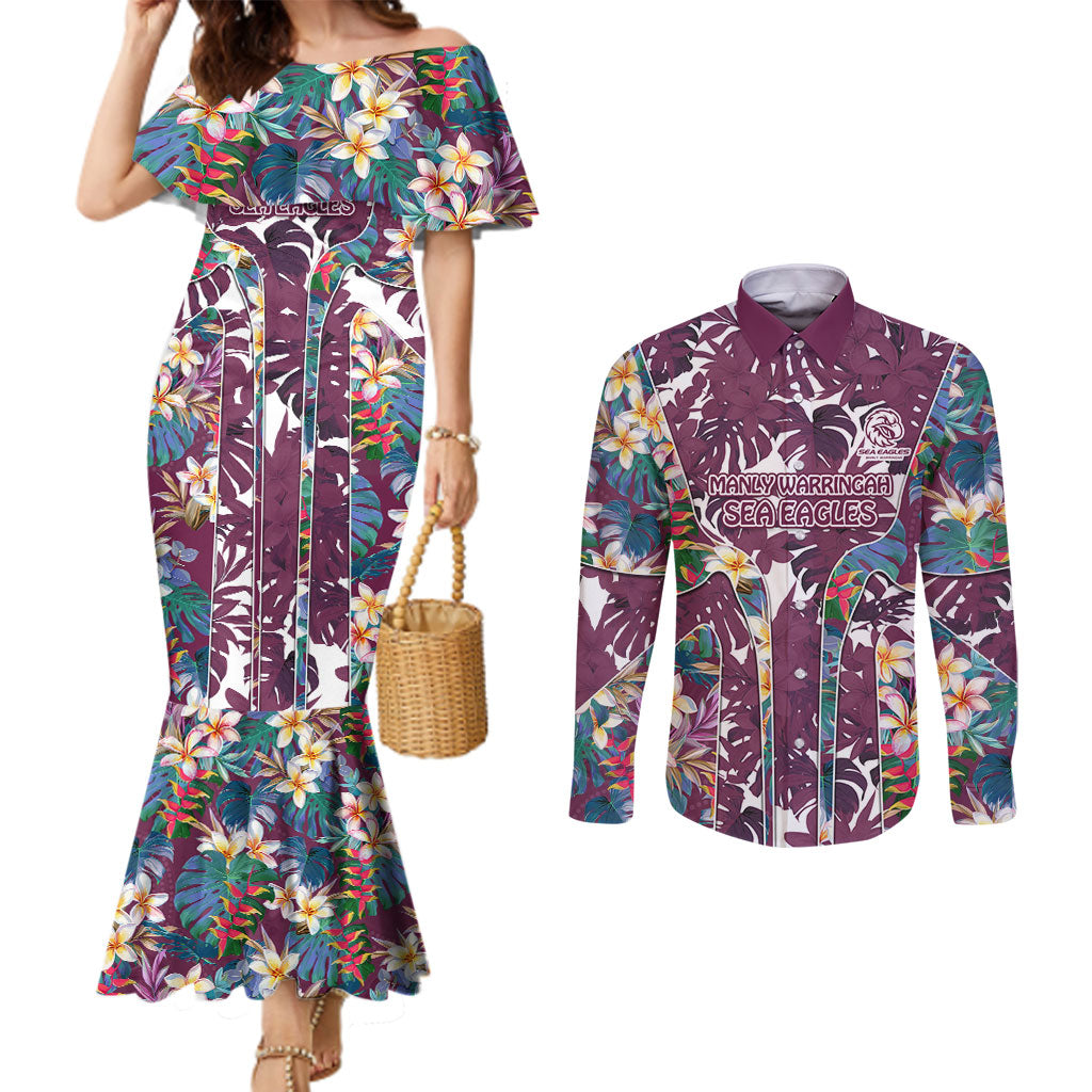 Manly Warringah Sea Eagles Couples Matching Mermaid Dress and Long Sleeve Button Shirt Tropical Hibiscus Floral Pattern With Maroon And White Accents