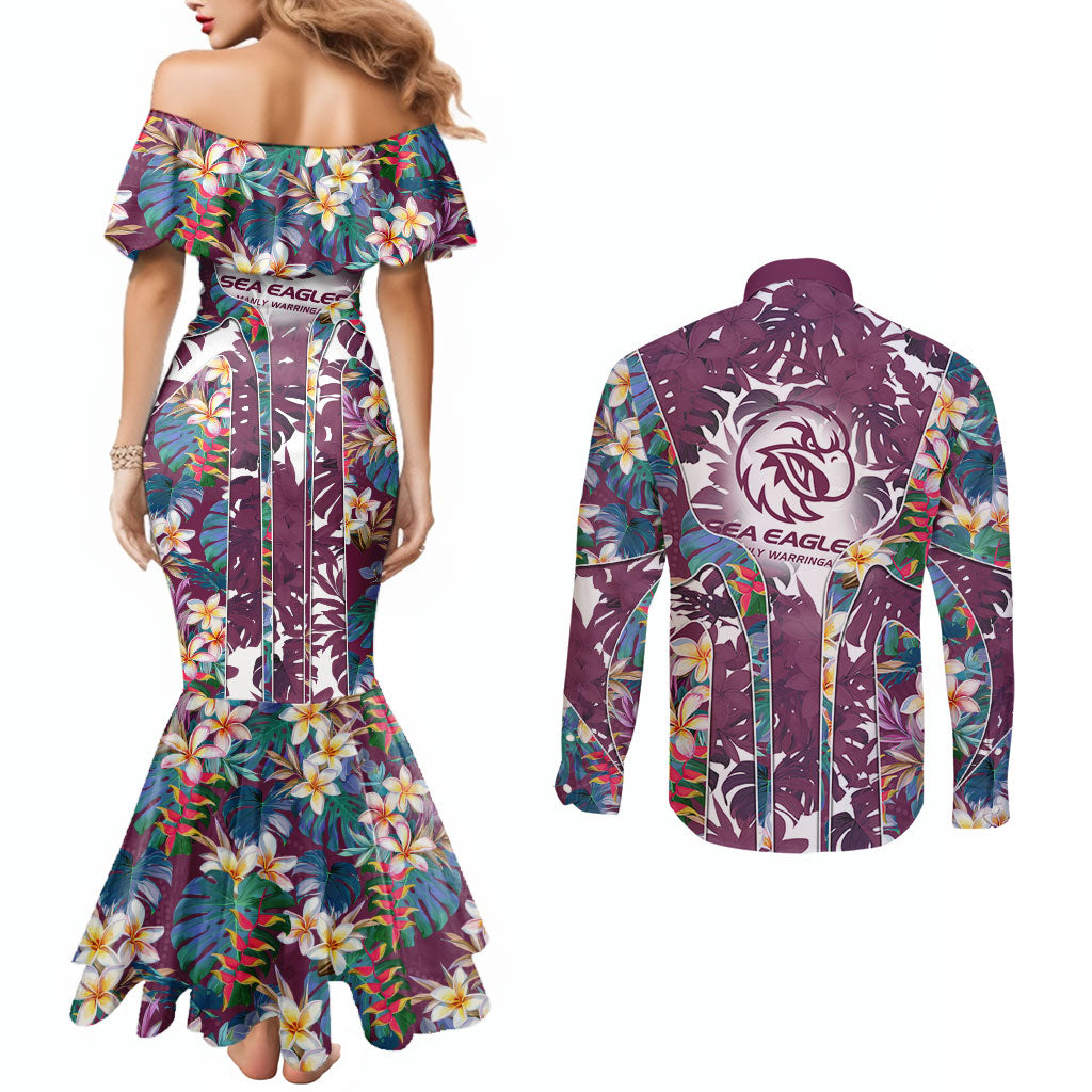 Manly Warringah Sea Eagles Couples Matching Mermaid Dress and Long Sleeve Button Shirt Tropical Hibiscus Floral Pattern With Maroon And White Accents