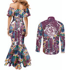 Manly Warringah Sea Eagles Couples Matching Mermaid Dress and Long Sleeve Button Shirt Tropical Hibiscus Floral Pattern With Maroon And White Accents
