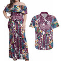 Manly Warringah Sea Eagles Couples Matching Off Shoulder Maxi Dress and Hawaiian Shirt Tropical Hibiscus Floral Pattern With Maroon And White Accents