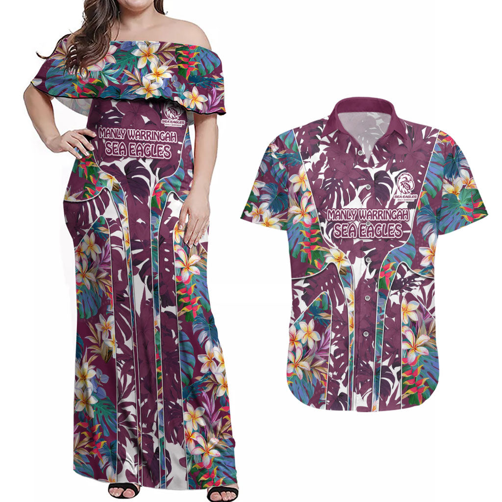 Manly Warringah Sea Eagles Couples Matching Off Shoulder Maxi Dress and Hawaiian Shirt Tropical Hibiscus Floral Pattern With Maroon And White Accents