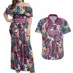 Manly Warringah Sea Eagles Couples Matching Off Shoulder Maxi Dress and Hawaiian Shirt Tropical Hibiscus Floral Pattern With Maroon And White Accents