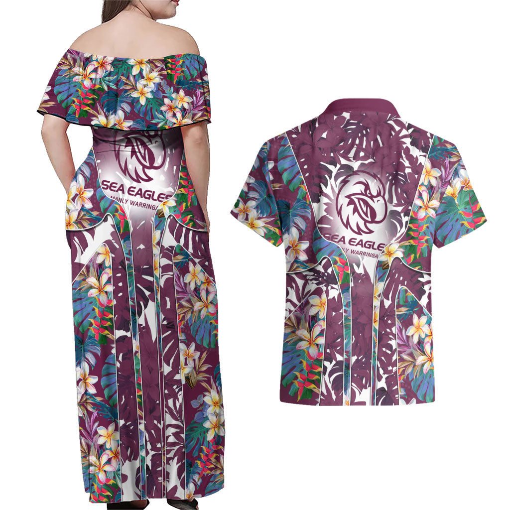 Manly Warringah Sea Eagles Couples Matching Off Shoulder Maxi Dress and Hawaiian Shirt Tropical Hibiscus Floral Pattern With Maroon And White Accents