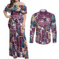 Manly Warringah Sea Eagles Couples Matching Off Shoulder Maxi Dress and Long Sleeve Button Shirt Tropical Hibiscus Floral Pattern With Maroon And White Accents