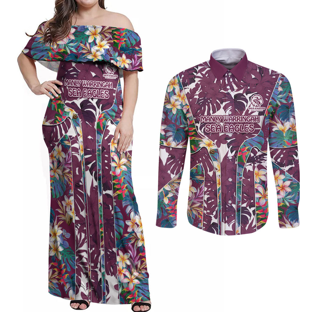 Manly Warringah Sea Eagles Couples Matching Off Shoulder Maxi Dress and Long Sleeve Button Shirt Tropical Hibiscus Floral Pattern With Maroon And White Accents