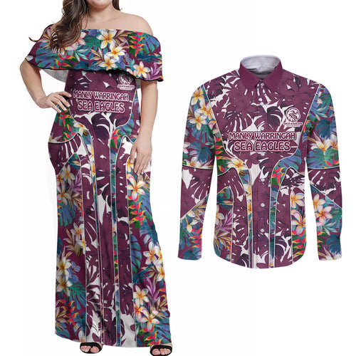 Manly Warringah Sea Eagles Couples Matching Off Shoulder Maxi Dress and Long Sleeve Button Shirt Tropical Hibiscus Floral Pattern With Maroon And White Accents