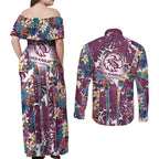 Manly Warringah Sea Eagles Couples Matching Off Shoulder Maxi Dress and Long Sleeve Button Shirt Tropical Hibiscus Floral Pattern With Maroon And White Accents