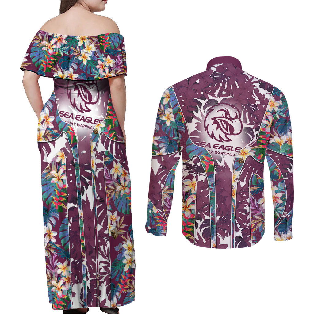 Manly Warringah Sea Eagles Couples Matching Off Shoulder Maxi Dress and Long Sleeve Button Shirt Tropical Hibiscus Floral Pattern With Maroon And White Accents