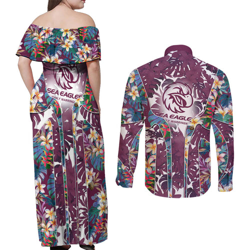 Manly Warringah Sea Eagles Couples Matching Off Shoulder Maxi Dress and Long Sleeve Button Shirt Tropical Hibiscus Floral Pattern With Maroon And White Accents