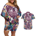 Manly Warringah Sea Eagles Couples Matching Off Shoulder Short Dress and Hawaiian Shirt Tropical Hibiscus Floral Pattern With Maroon And White Accents