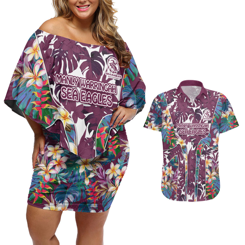 Manly Warringah Sea Eagles Couples Matching Off Shoulder Short Dress and Hawaiian Shirt Tropical Hibiscus Floral Pattern With Maroon And White Accents
