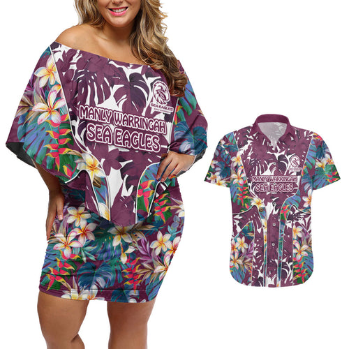Manly Warringah Sea Eagles Couples Matching Off Shoulder Short Dress and Hawaiian Shirt Tropical Hibiscus Floral Pattern With Maroon And White Accents