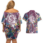 Manly Warringah Sea Eagles Couples Matching Off Shoulder Short Dress and Hawaiian Shirt Tropical Hibiscus Floral Pattern With Maroon And White Accents