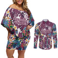Manly Warringah Sea Eagles Couples Matching Off Shoulder Short Dress and Long Sleeve Button Shirt Tropical Hibiscus Floral Pattern With Maroon And White Accents