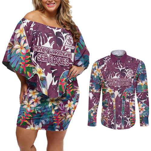 Manly Warringah Sea Eagles Couples Matching Off Shoulder Short Dress and Long Sleeve Button Shirt Tropical Hibiscus Floral Pattern With Maroon And White Accents