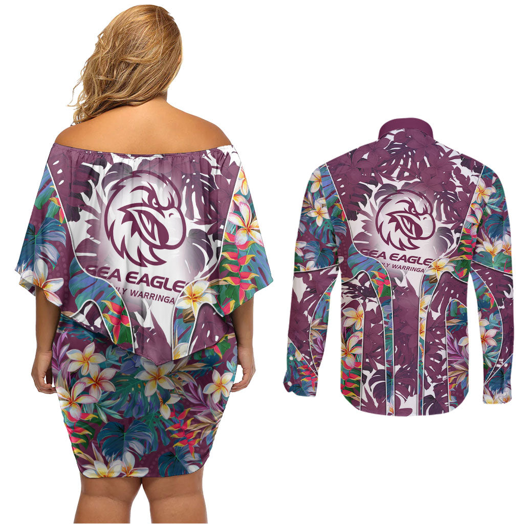 Manly Warringah Sea Eagles Couples Matching Off Shoulder Short Dress and Long Sleeve Button Shirt Tropical Hibiscus Floral Pattern With Maroon And White Accents