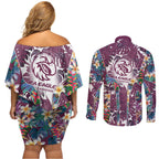 Manly Warringah Sea Eagles Couples Matching Off Shoulder Short Dress and Long Sleeve Button Shirt Tropical Hibiscus Floral Pattern With Maroon And White Accents