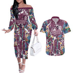 Manly Warringah Sea Eagles Couples Matching Off The Shoulder Long Sleeve Dress and Hawaiian Shirt Tropical Hibiscus Floral Pattern With Maroon And White Accents